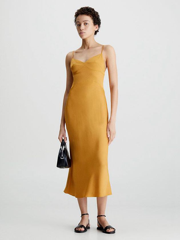 Calvin Klein USA Slim Midi Satin Slip Womens Dress Gold 4159063-GN